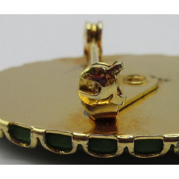 Vintage Green Ceramic Gold Floral Brooch Oval Scalloped Edge Mid Century Pin - Picture 6 of 6